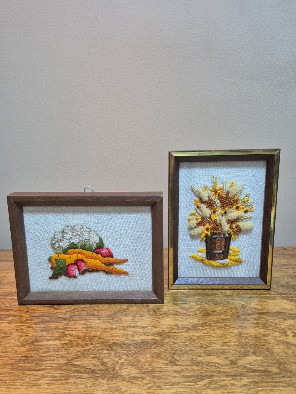 VINTAGE Handcrafted Crewel Embroidery Framed Wall Art, Set of 2 Country Kitchen